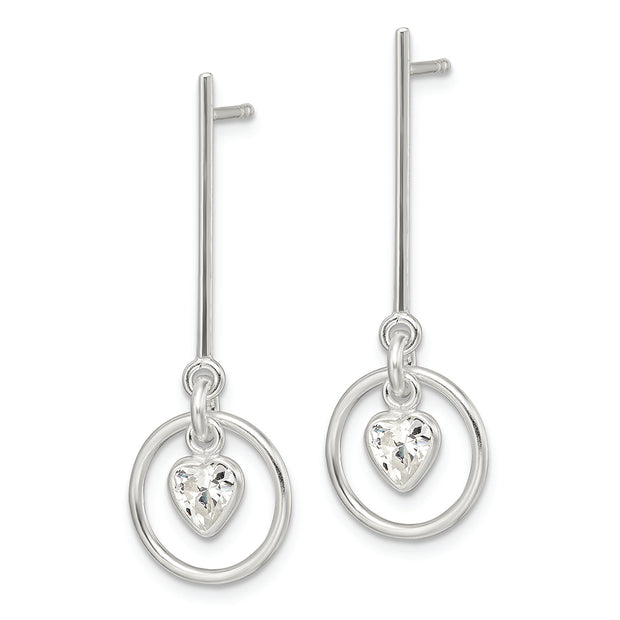 Sterling Silver Polished Dangle Heart CZ Post Earrings