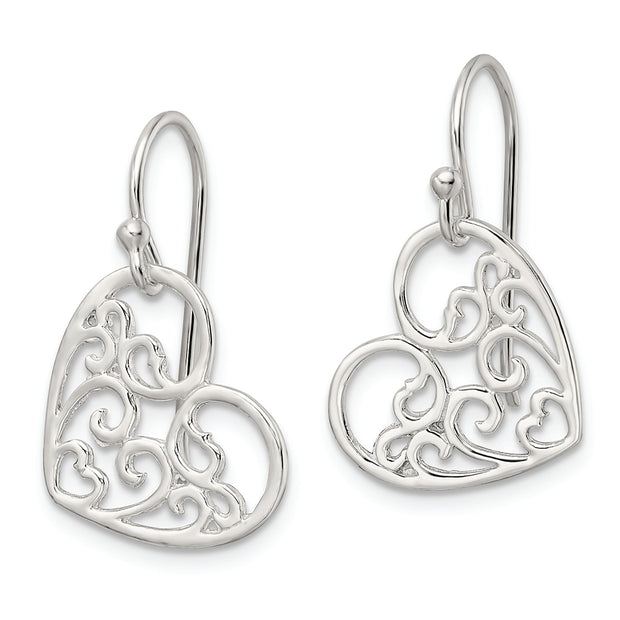 Sterling Silver Polished Heart Swirl Dangle Earrings