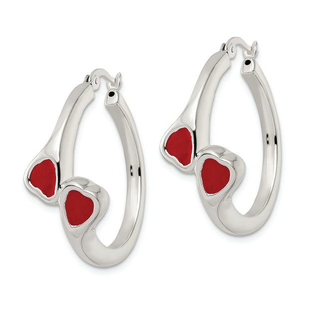 Sterling Silver Polished Red Enamel Hearts Circle Hoop Earrings