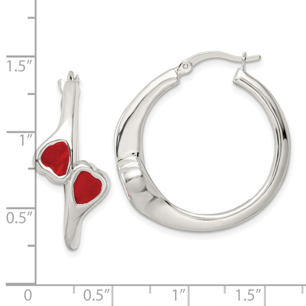 Sterling Silver Polished Red Enamel Hearts Circle Hoop Earrings