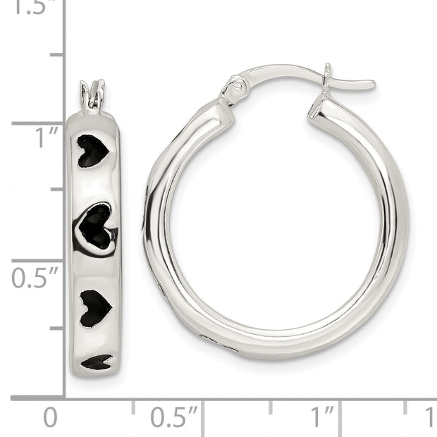 Sterling Silver Polished Black Enameled Hearts Circle Hoop Earrings