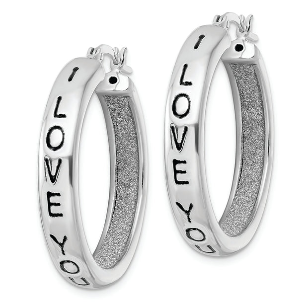Sterling Silver Rhodium-plated Fabric Glitter I Love You Hoop Earrings