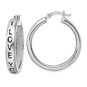 Sterling Silver Rhodium-plated Fabric Glitter I Love You Hoop Earrings