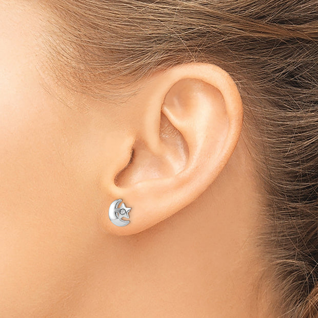 Sterling Silver Rhodium-plated CZ Star and Moon Post Earrings