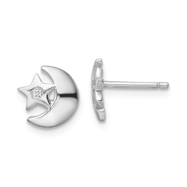 Sterling Silver Rhodium-plated CZ Star and Moon Post Earrings