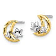 Sterling Silver RH-plated & Gold-plated Star and Moon CZ Post Earrings
