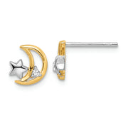 Sterling Silver RH-plated & Gold-plated Star and Moon CZ Post Earrings