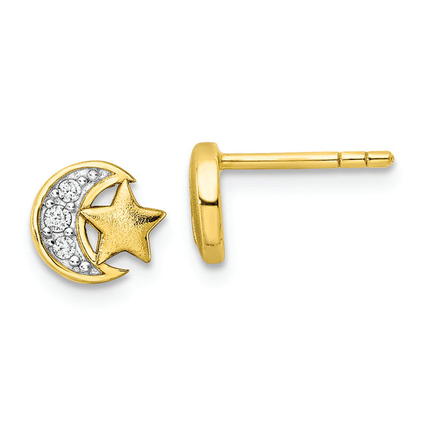 Sterling Silver Gold-tone CZ Star and Moon Post Earrings