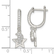Sterling Silver Polished CZ Dangle Moon and Star Hinged Hoop Earrings