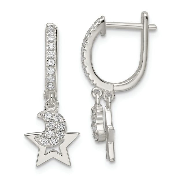 Sterling Silver Polished CZ Dangle Moon and Star Hinged Hoop Earrings