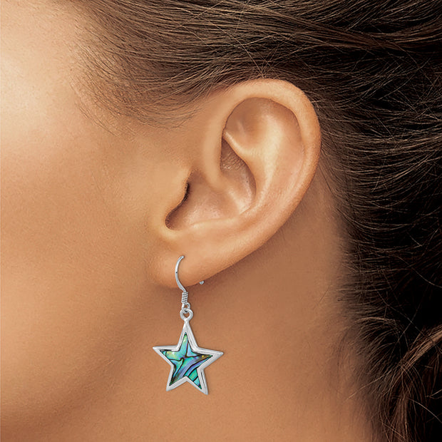 Sterling Silver Rhodium-plated Polished Abalone Star Dangle Earrings