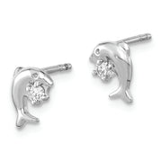 Sterling Silver Rhodium-plated CZ Dolphin Post Earrings