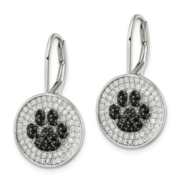Sterling Silver Rhodium-plated Polished CZ Paw Print Leverback Earrings