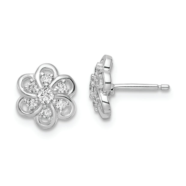 Sterling Silver Rhodium-plated CZ Flower Post Earrings