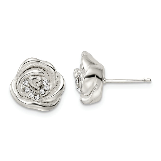 Sterling Silver Polished & Lasered Crystal Rose Post Earrings