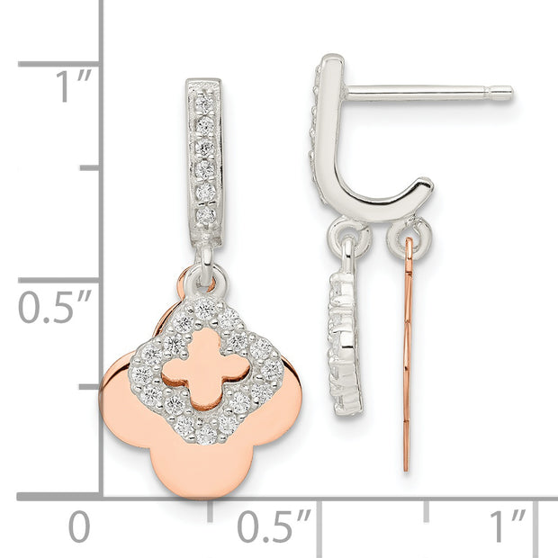 Sterling Silver Rose-tone Quatrefoil CZ Dangle Post Earrings