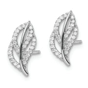 Sterling Silver Rhodium-plated Polished CZ Leaf Post Earrings