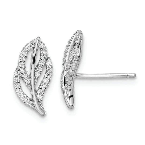 Sterling Silver Rhodium-plated Polished CZ Leaf Post Earrings