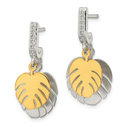 Sterling Silver Gold-tone Palm Leaves CZ J-Hoop Post Earrings