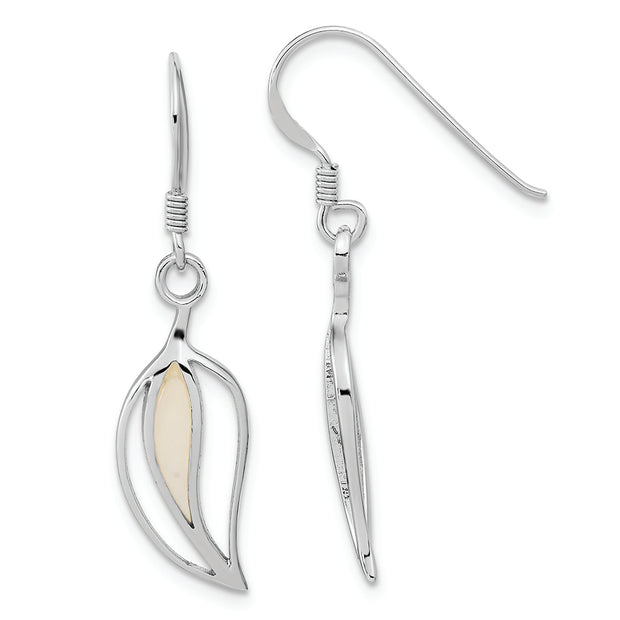 Sterling Silver Rhodium-plated Polished MOP Leaf Shepherds Hook Earrings