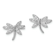 Sterling Silver Rhodium-plated CZ Dragonfly Post Earrings