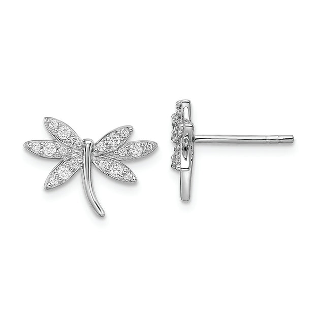 Sterling Silver Rhodium-plated CZ Dragonfly Post Earrings