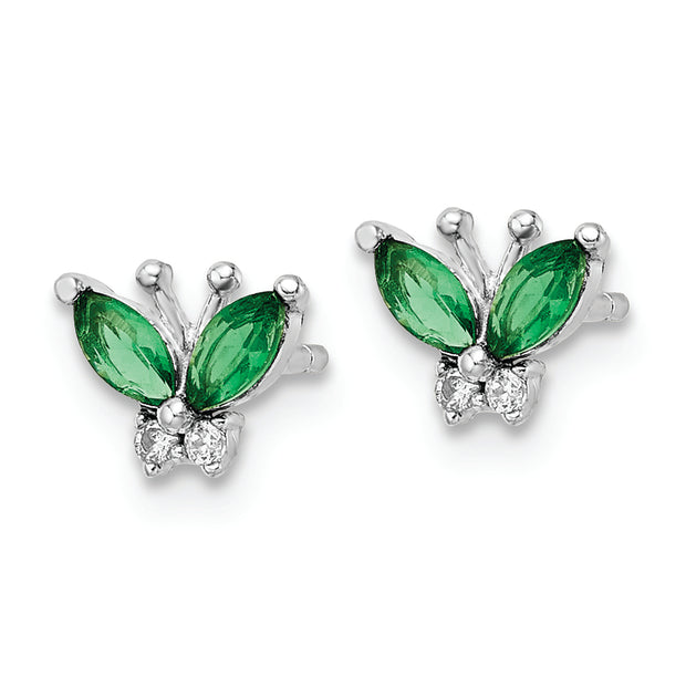 Sterling Silver Rhodium-plated Green & White CZ Butterfly Post Earrings