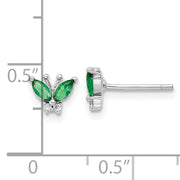 Sterling Silver Rhodium-plated Green & White CZ Butterfly Post Earrings