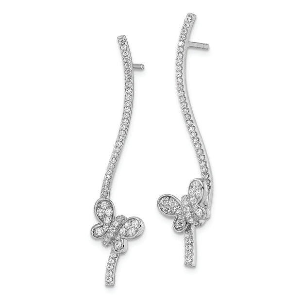 Sterling Silver Rhodium-plated CZ Dangle Bar Butterfly Post Earrings