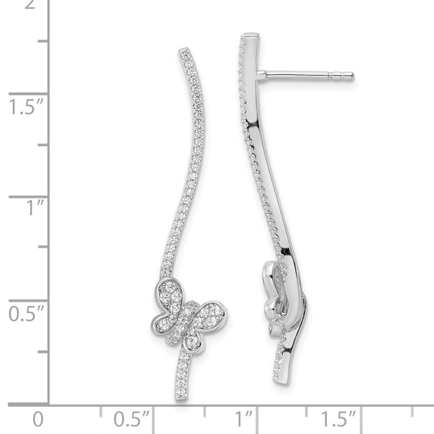 Sterling Silver Rhodium-plated CZ Dangle Bar Butterfly Post Earrings