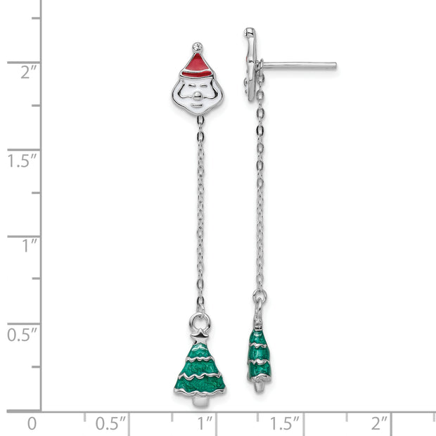 Sterling Silver RH-plated Enameled Crystal Santa/Tree Post Earrings
