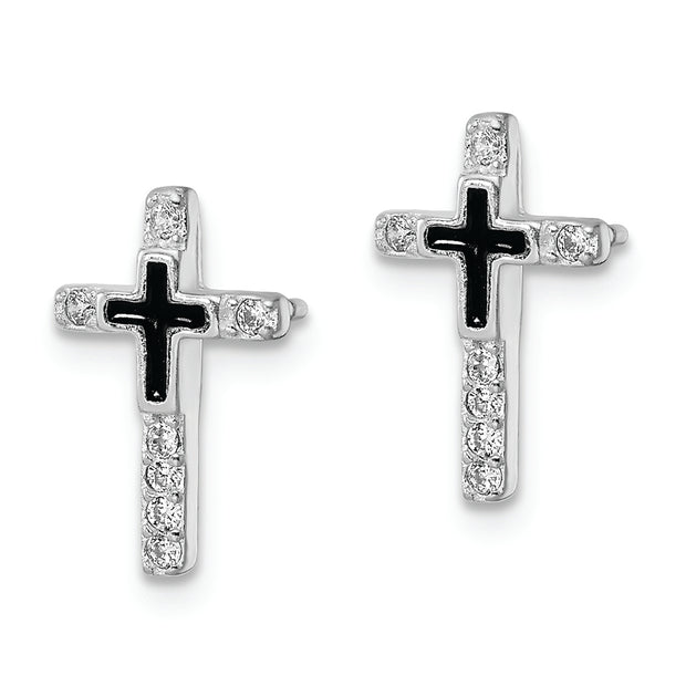 Sterling Silver RH-plated Enamel CZ Cross Post Earrings