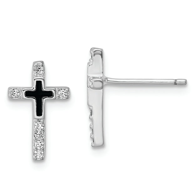 Sterling Silver RH-plated Enamel CZ Cross Post Earrings