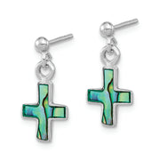 Sterling Silver Rhodium-plated Polished Abalone Cross Dangle Post Earrings