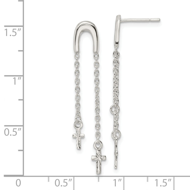 Sterling Silver Polished & D/C Cross Multi-Chain Post Dangle Earrings