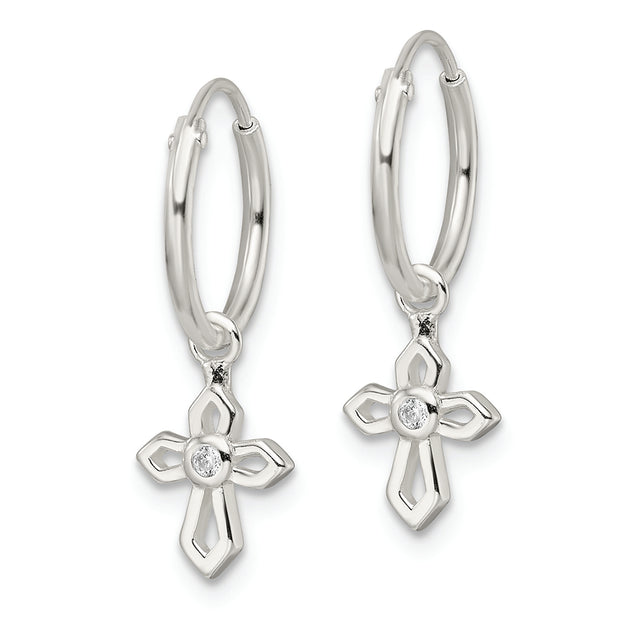 Sterling Silver Polished CZ Passion Cross Dangle Endless Hoop Earrings