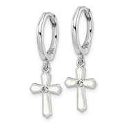 Sterling Silver RH-plated CZ White Enamel Cross Dangle Hoop Earrings