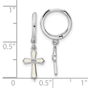 Sterling Silver RH-plated CZ White Enamel Cross Dangle Hoop Earrings