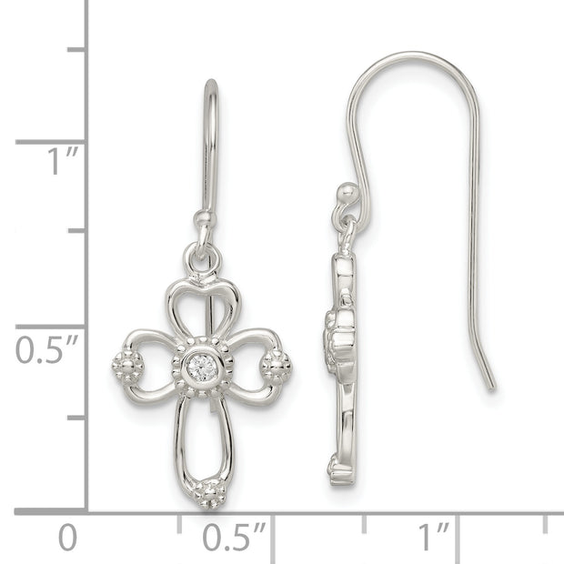Sterling Silver Polished & Beaded CZ Cross Dangle Earrings