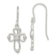 Sterling Silver Polished & Beaded CZ Cross Dangle Earrings