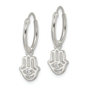 Sterling Silver Polished CZ Hamsa Dangle Endless Round Hoop Earrings