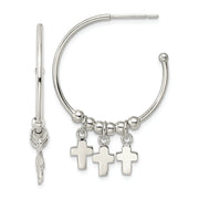 Sterling Silver Polished & Beaded Cross Dangle Post C-Hoop Earrings
