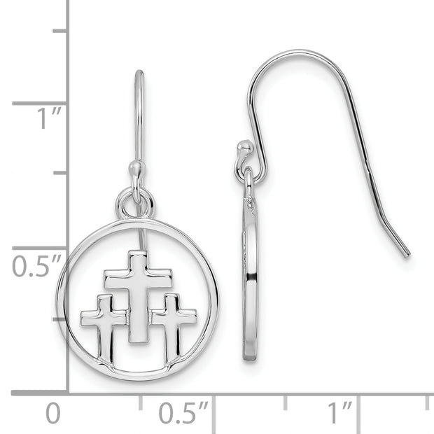 Sterling Silver RH-plated Polished 3 Crosses in Circle Dangle Earrings