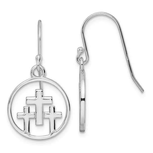 Sterling Silver RH-plated Polished 3 Crosses in Circle Dangle Earrings