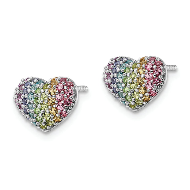 Sterling Silver Rhodium-plated Rainbow Crystal Heart Post Earrings