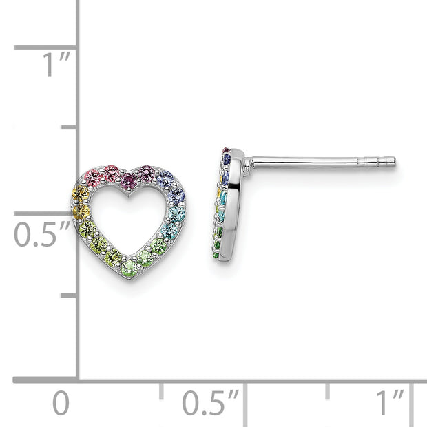 Sterling Silver RH-plated Rainbow Crystal Open Heart Post Earrings