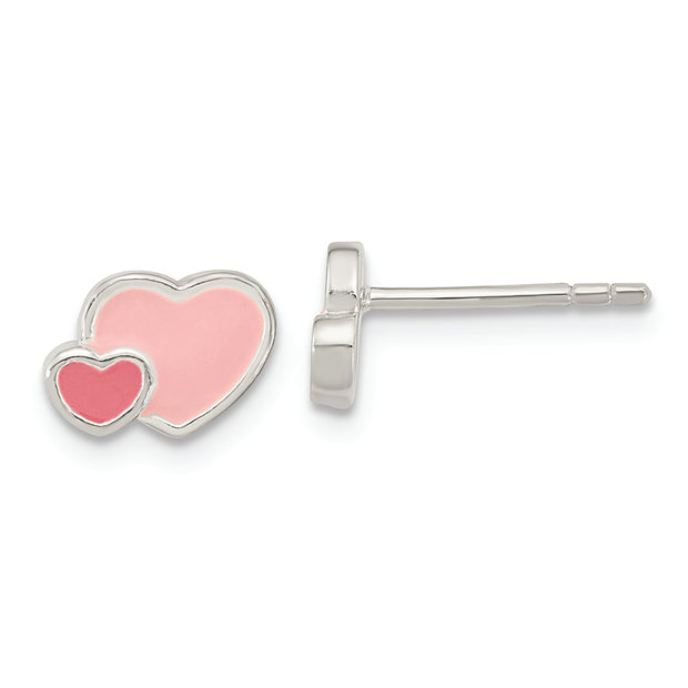 Sterling Silver Rhodium-plated Pink Enamel Double Heart Post Earrings