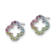 Sterling Silver Rhodium-plated Rainbow Crystal Clover Post Earrings