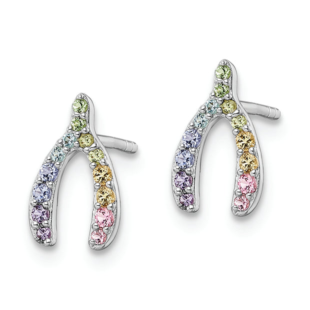 Sterling Silver RH-plated Rainbow Crystal Wishbone Post Earrings