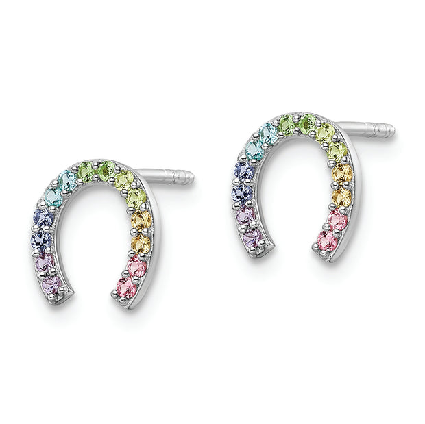 Sterling Silver RH-plated Rainbow Crystal Horseshoe Post Earrings